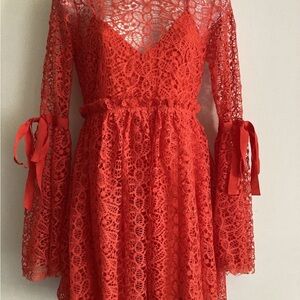 Alice McCall Small Red Lace V-Neck Bell Sleeve Dress